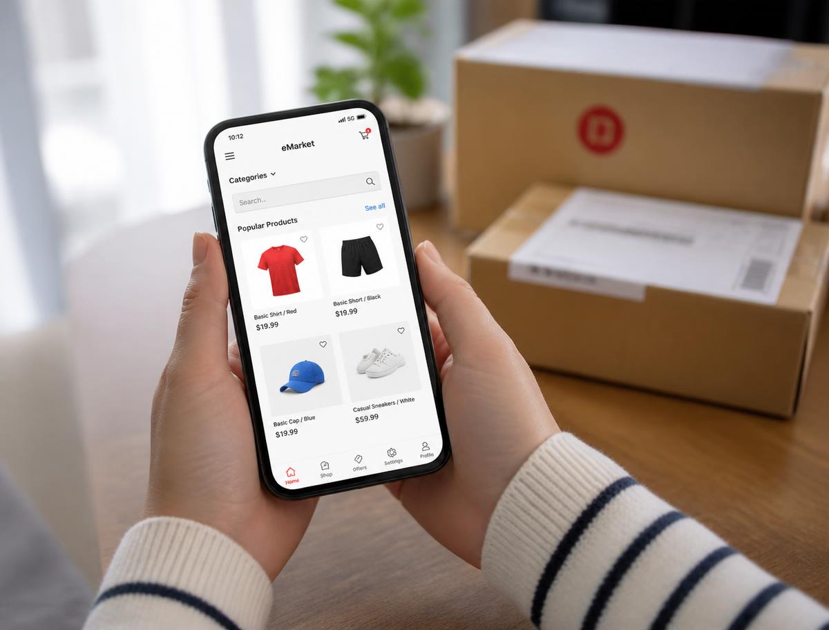 Celular mostrando um aplicativo de compras online com caixas de entrega ao fundo