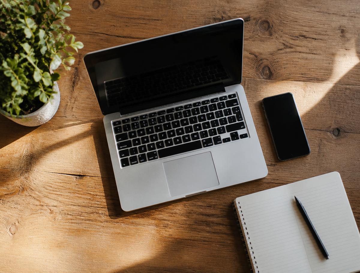 Mesa de trabalho real com notebook, celular e caderno
