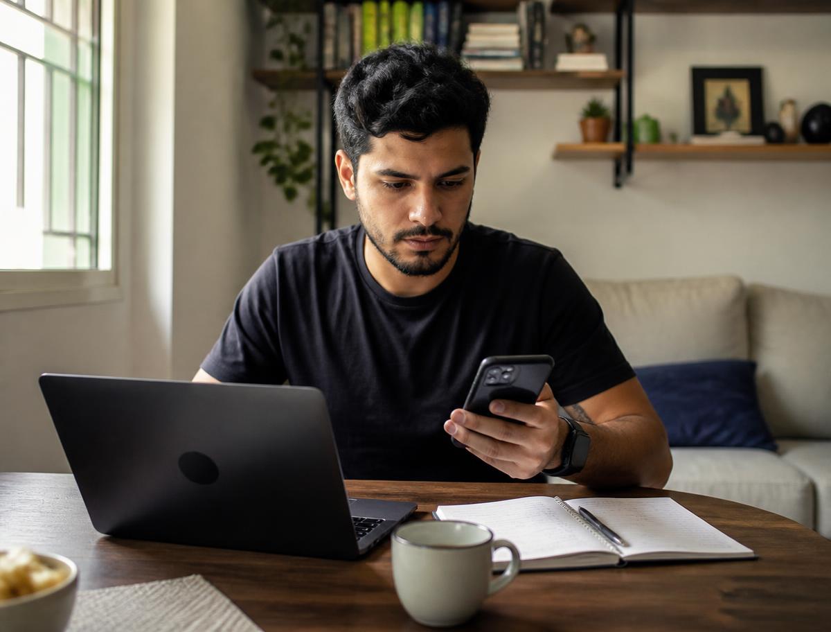 Pessoa pesquisando produtos no notebook e no celular em casa