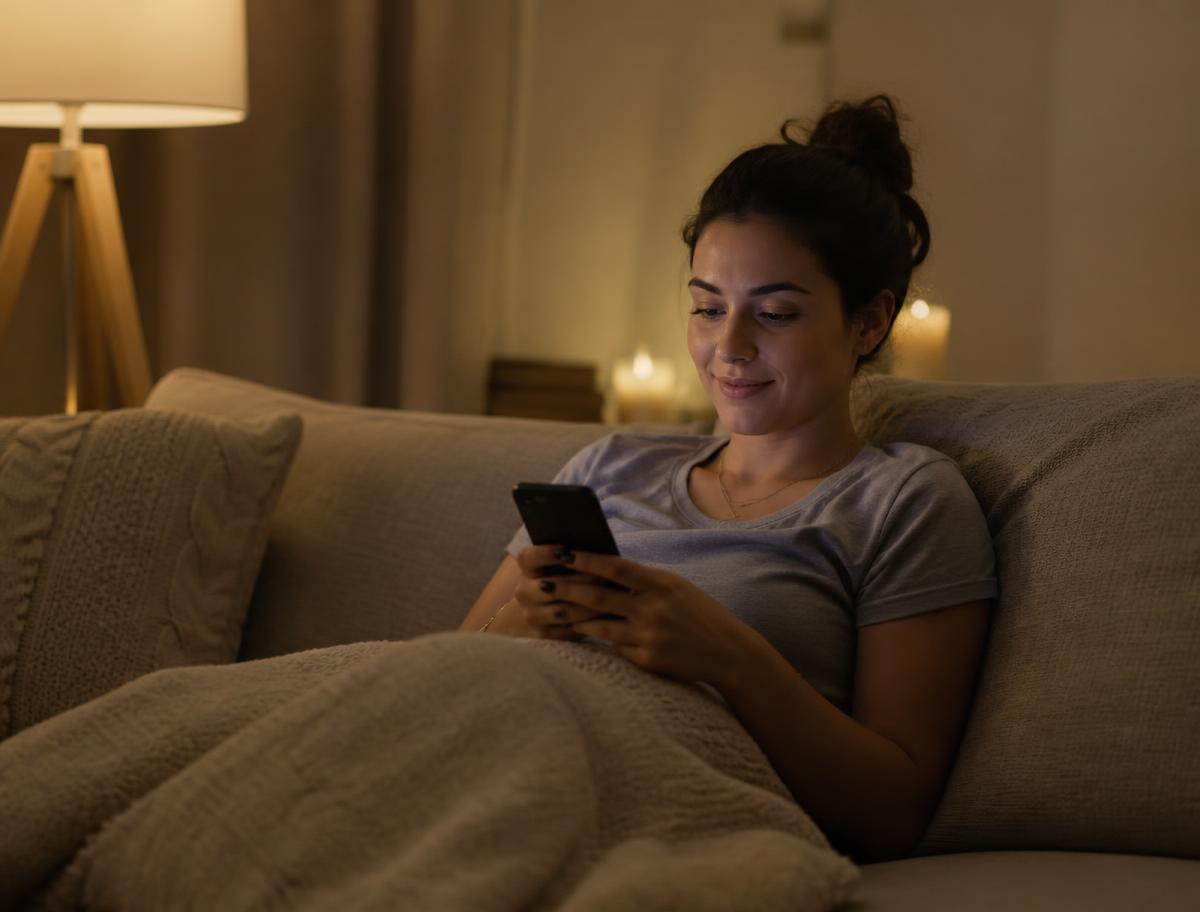 Mulher trabalhando pelo celular no sofá à noite